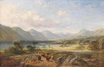 Samuel Bough Painting - Highland cattle in an open lakeland landscape Samuel Bough landscape